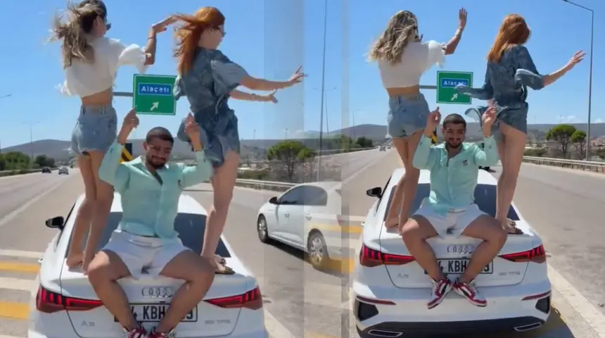 İzmir-Çeşme Otoyolu’nda Akılalmaz Görüntüler: Hareket Halindeki Aracın Üzerinde Dans Ettiler