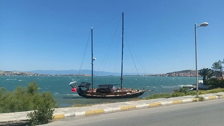 Ayvalık'ta Kuvvetli Rüzgar Yelkenli Tekneyi Kıyıya Sürükledi