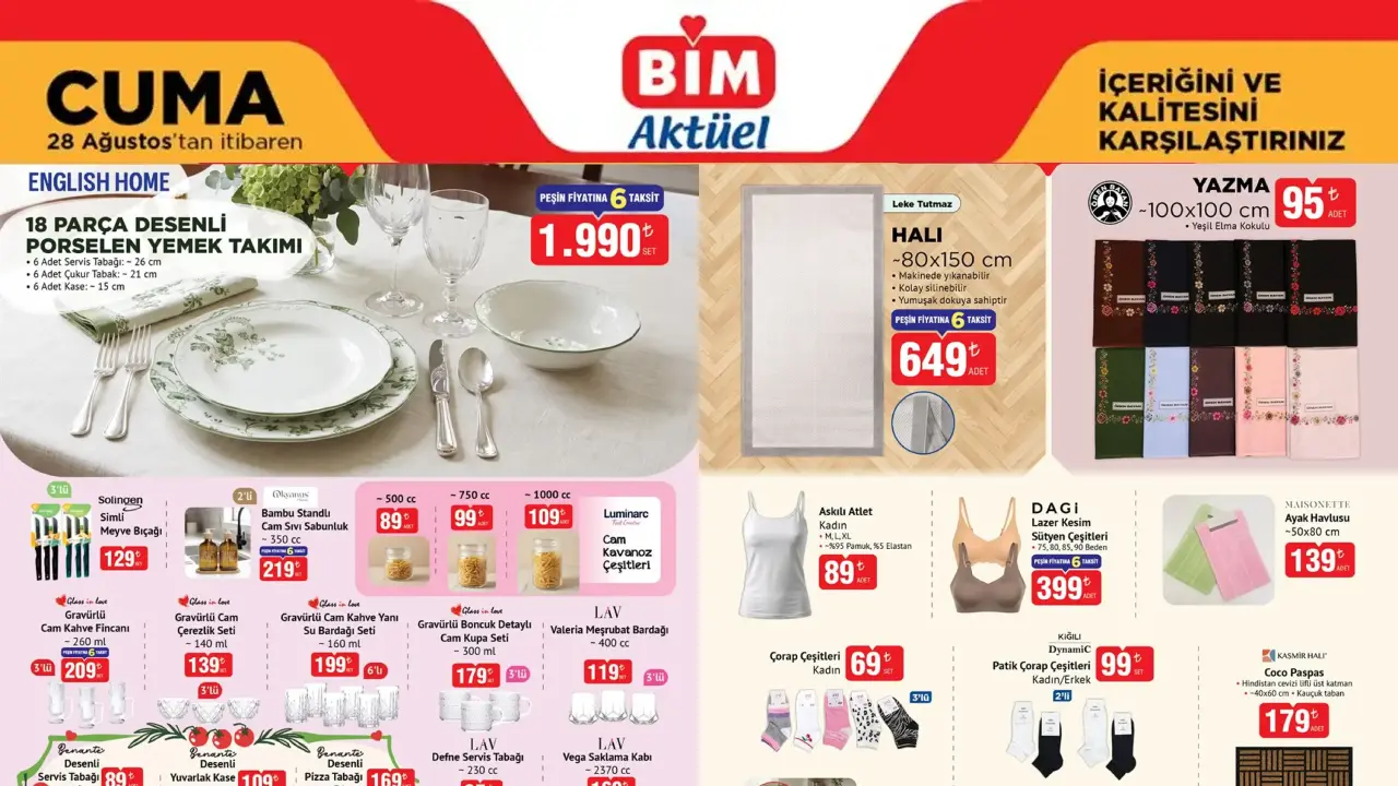 BİM 28 Ağustos 2026 Aktüel Ürünler Kataloğu: English Home Yemek Takımı, Halı Ve Cam Ürünler Geliyor